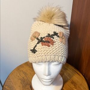 Embroidered Knit Beanie with Pom Pom